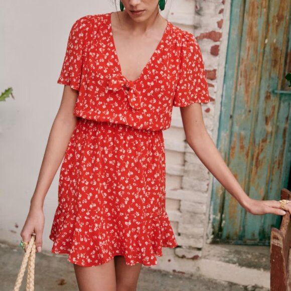 Sezane Red Silk Floral Gigi Mini Dress EU 44 / US 12 - Picture 1 of 7
